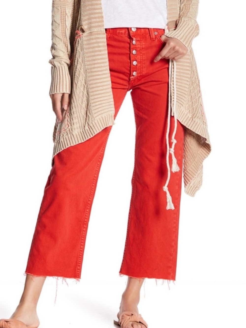 Free People Rolling on the River Cropped Wide Leg Jeans Orange Red Size 27